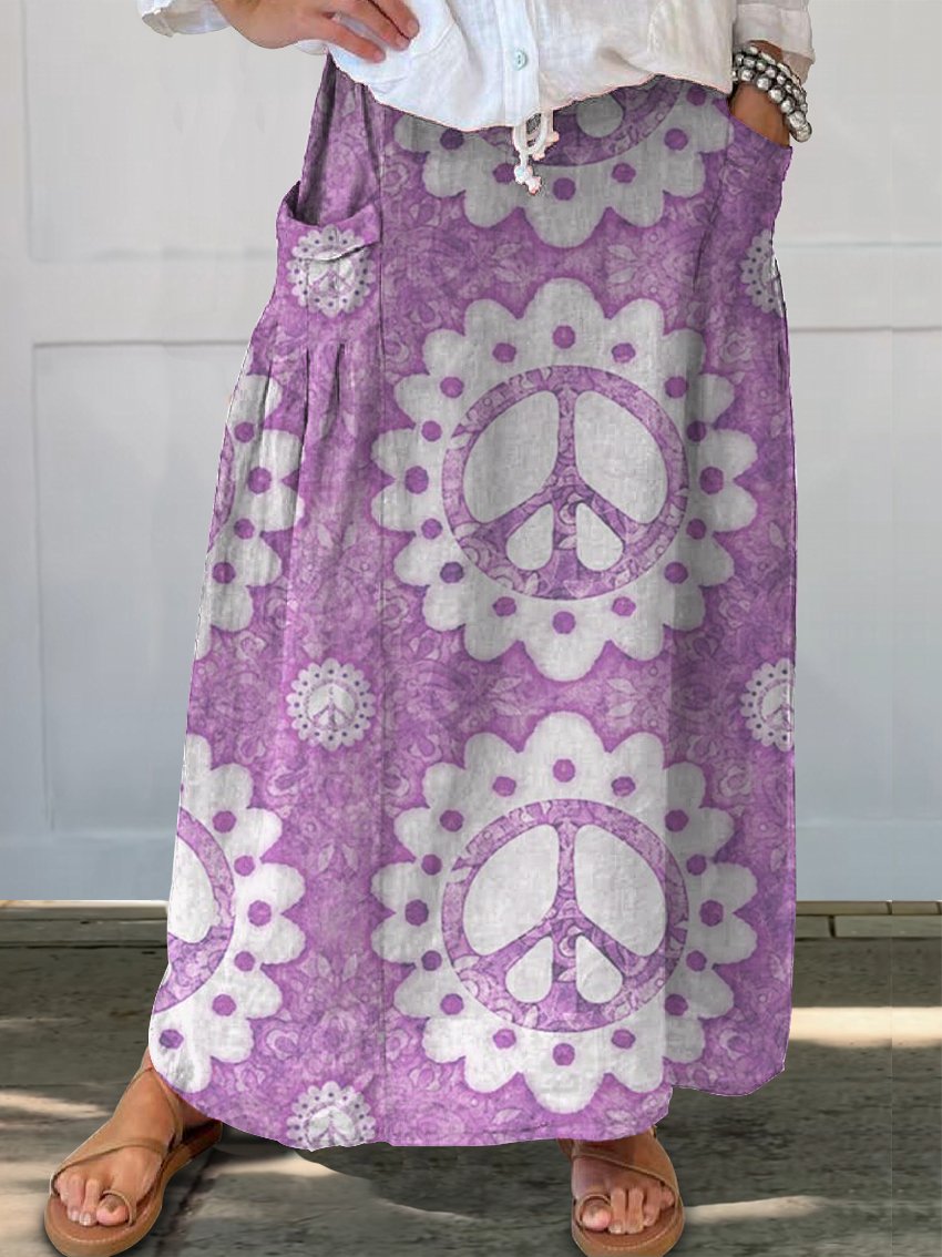 Women's Vintage Peace Sign Hippie Print Linen Pocket Skirt