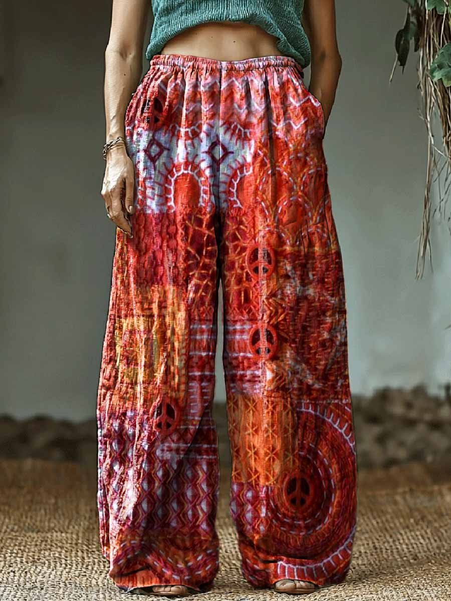 Women's Retro Hippie Tie-dye Patchwork Art Pattern Cotton And Linen Casual Pants