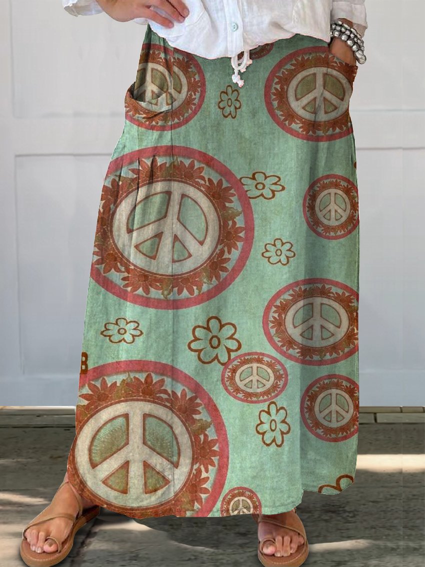 Women's Retro Hippie Art Print Linen Pocket Skirt