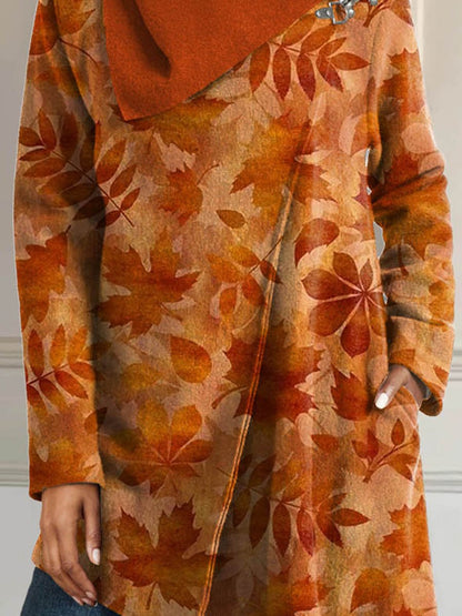 Women's Vintage Fall Leaves Art Print Casual Asymmetrical Coat