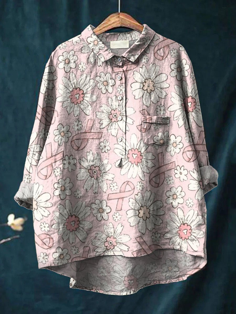 Women's Pink Ribbon Floral Print Cotton And Linen Shirt