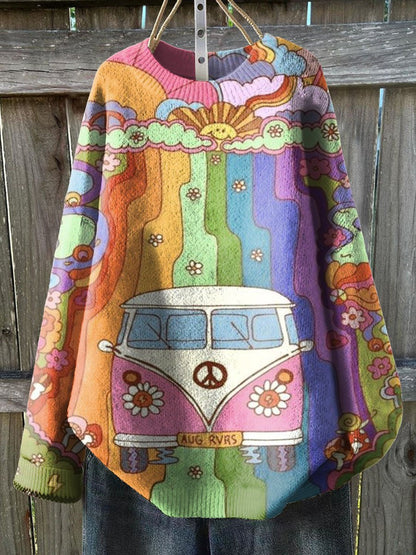 Colorful Hippie Van Art Print Knit Pullover Sweater