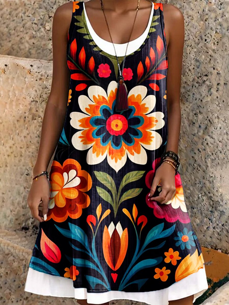 Women's Vacation Casual Loose Splicing Black Retro Ethnic Flowers Art Print Dress