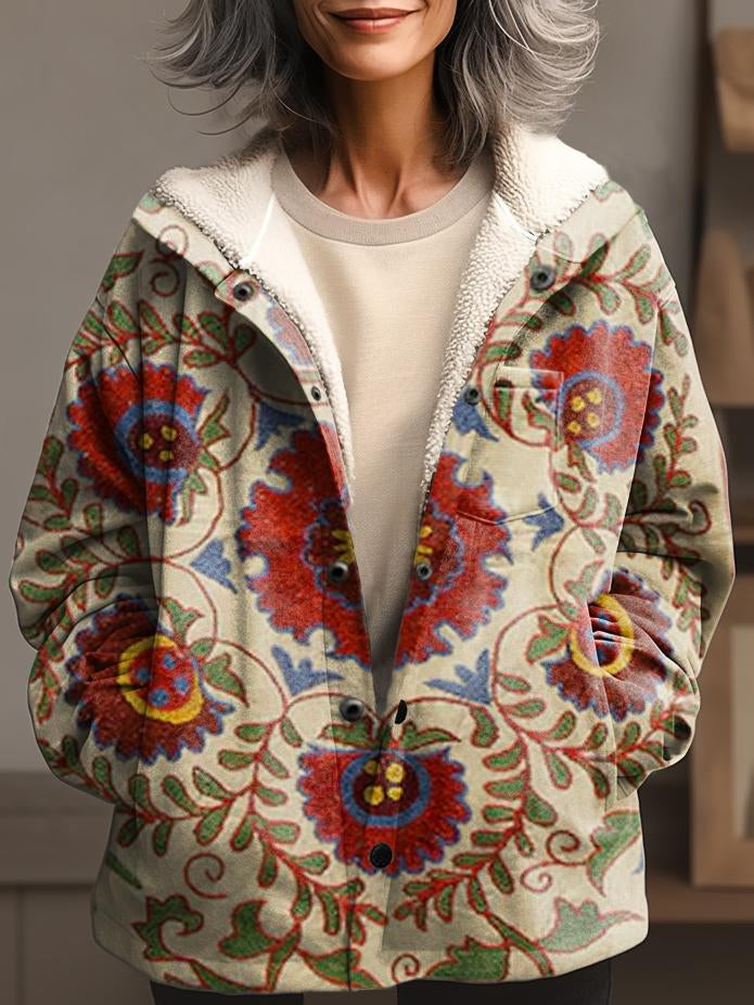 Women's Boho Folk Art Pattern Print Waffle Plush Thick Long-Sleeved Hooded Coat