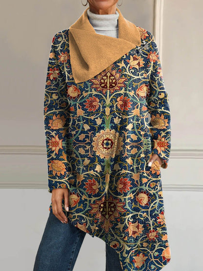 Women's Vintage Lovely Floral Art Print Casual Asymmetrical Coat