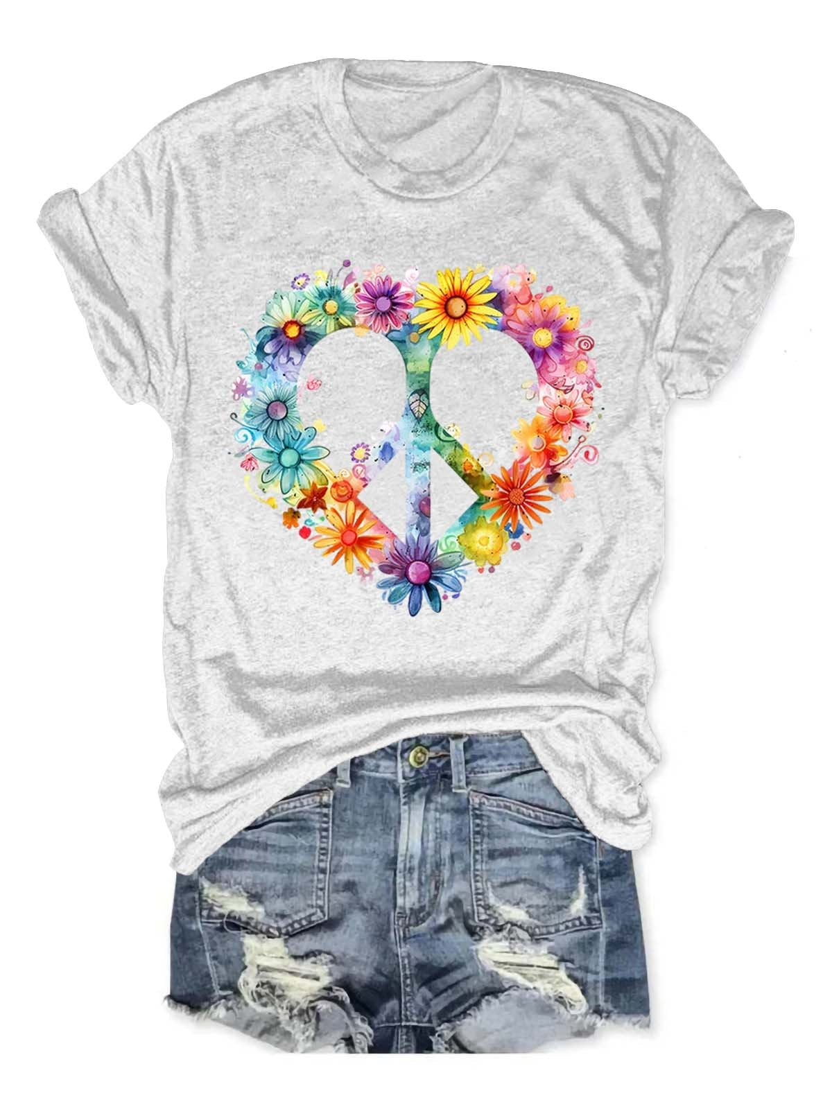 Floral Peace And Love Art Print Casual T-shirt