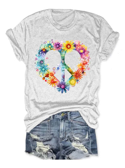 Floral Peace And Love Art Print Casual T-shirt