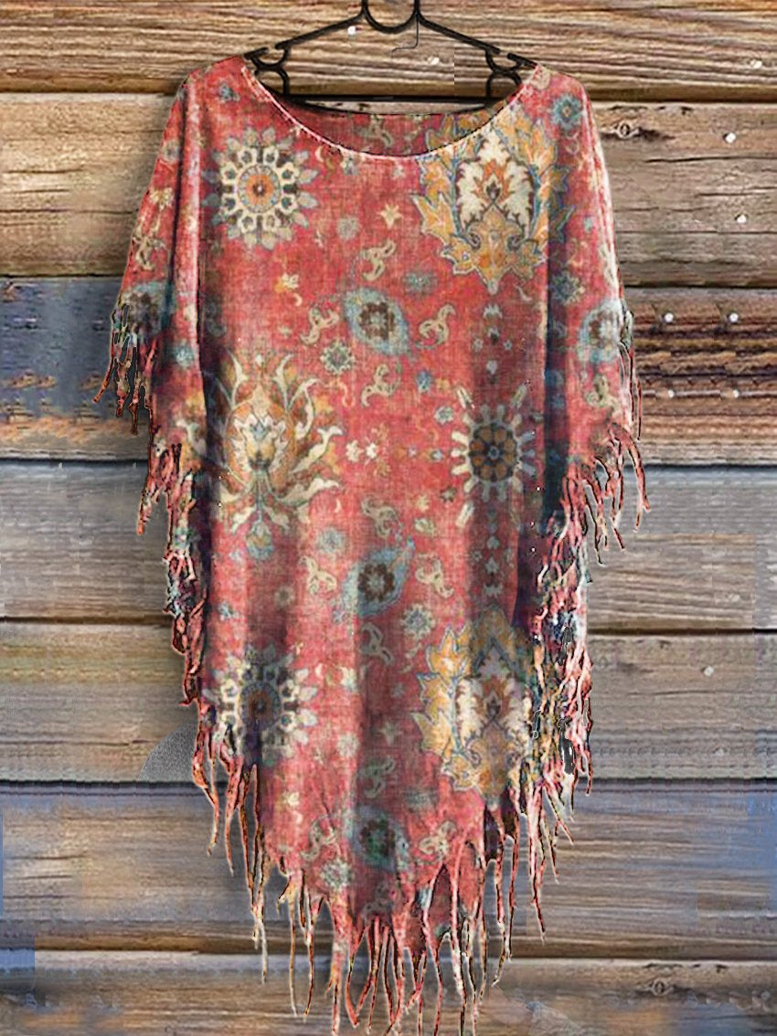 Women's Retro Ethnic Pattern Batwing Tussle Fringes Poncho Dress