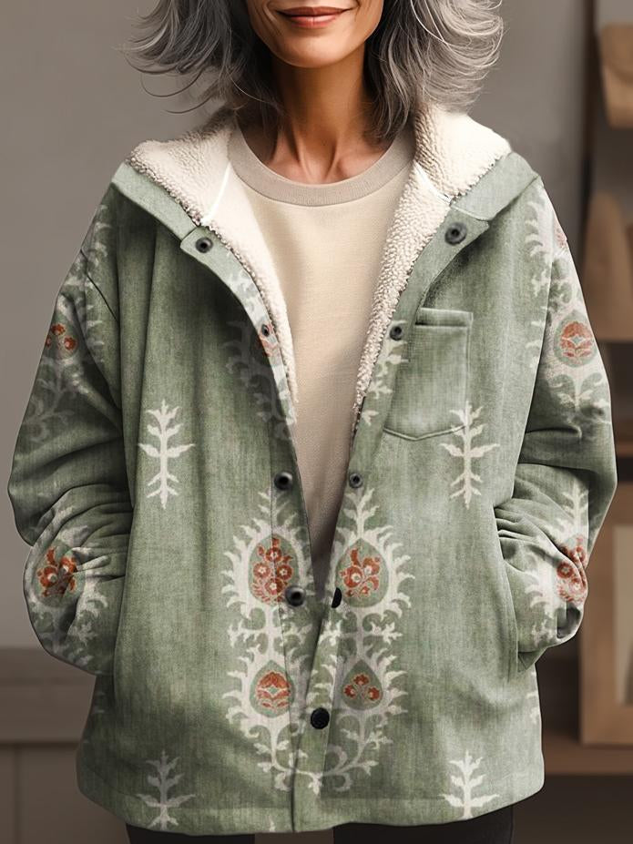 Women's Ethnic Art Waffle Plush Thick Long-Sleeved Hooded Coat