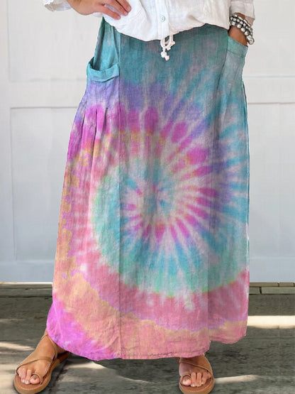 Women's Colorful Retro Tie Dye Print Linen Pocket Skirt