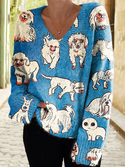 Women's Animal Casual V Neck Pullover Sweater