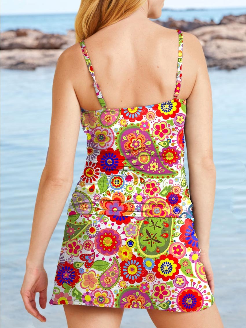 V-Neck Retro Hippie Paisley Pattern Print Suspender Skirt Tankini Pantskirt Set Swimsuit