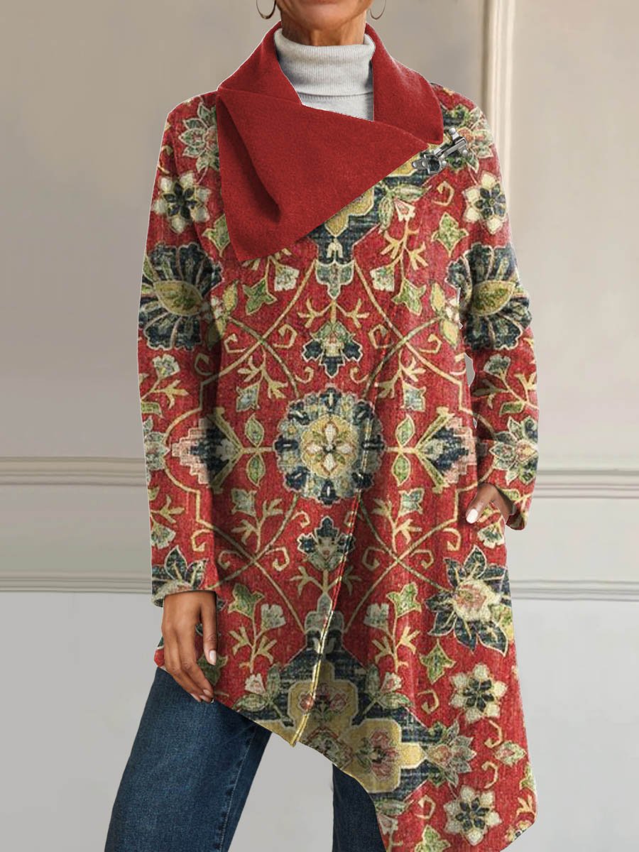 Women's Vintage Lovely Floral Art Print Casual Asymmetrical Coat