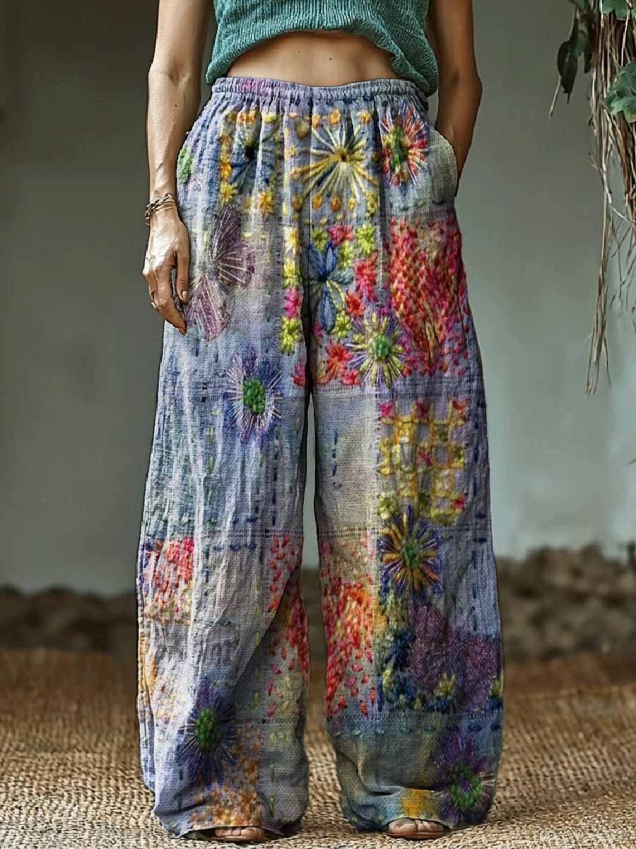 Women's Bohemian Retro Patchwork Art Pattern Cotton And Linen Casual Pants