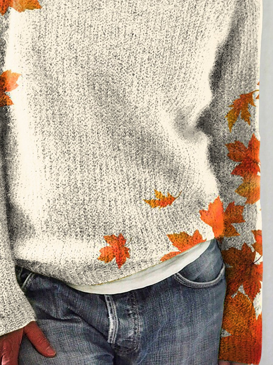 Autumn Winter Maple Leaves Print Casual Knit Pullover Sweater