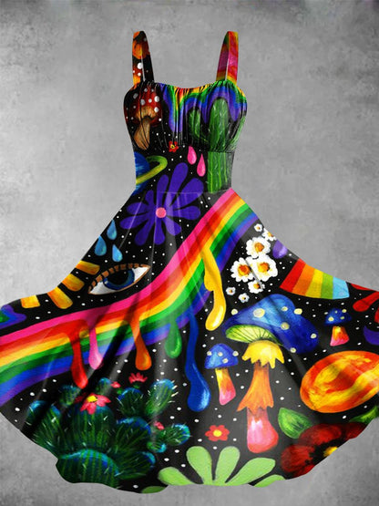 Women's Vintage Hippie Rainbow Psychedelic Art Print Dress