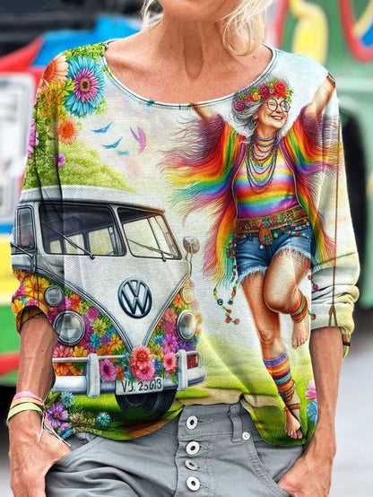 Hippie Energetic Old Lady Print Long Sleeve