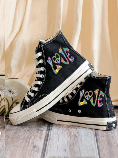 Love Font Hippie Print Print Canvas Shoes