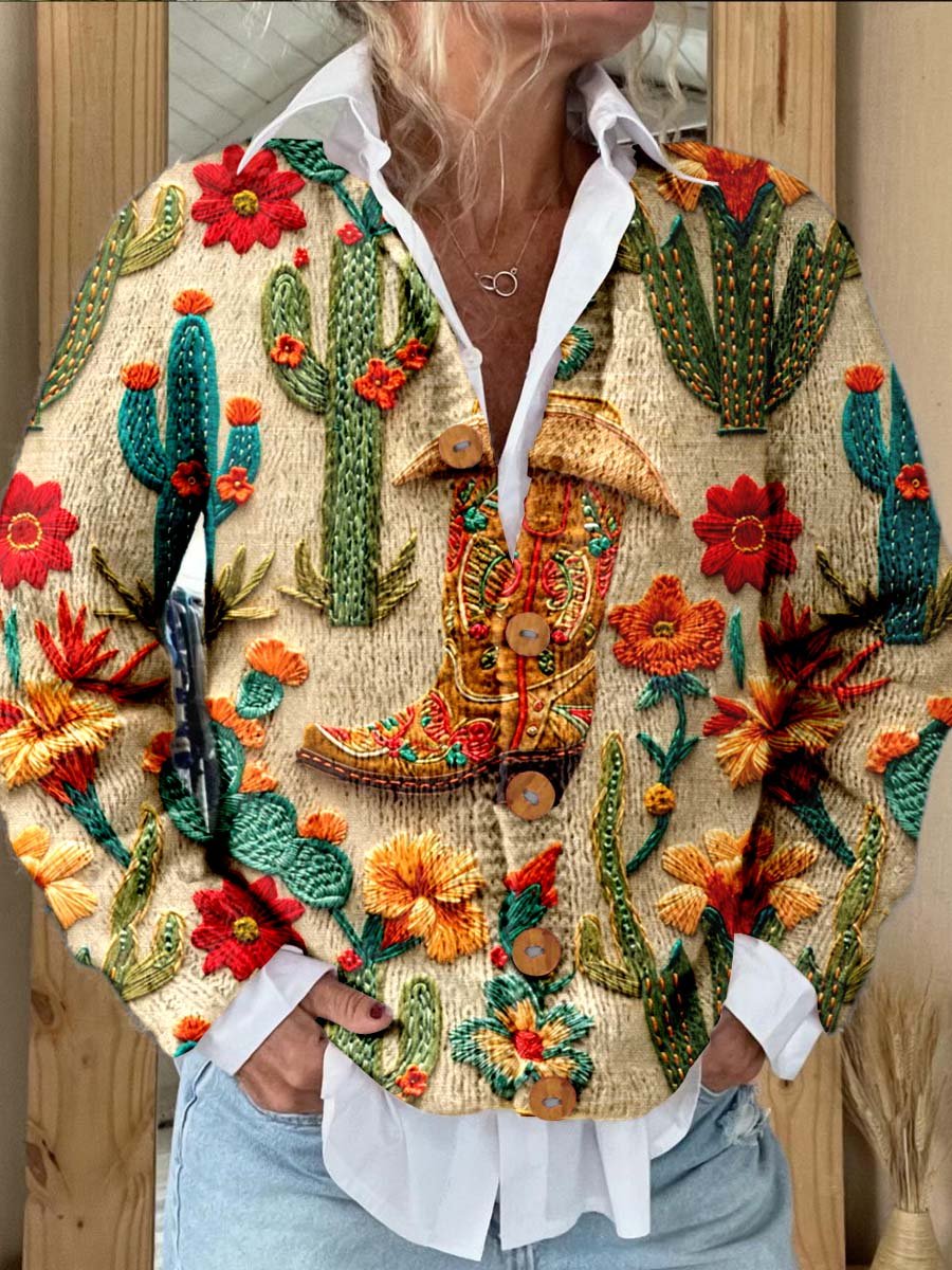 Cactus Print Buttoned Cardigan Sweater