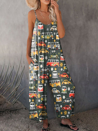 Women's Hippie Bus Print Casual 100% Cotton Wide Leg Jumpsuit