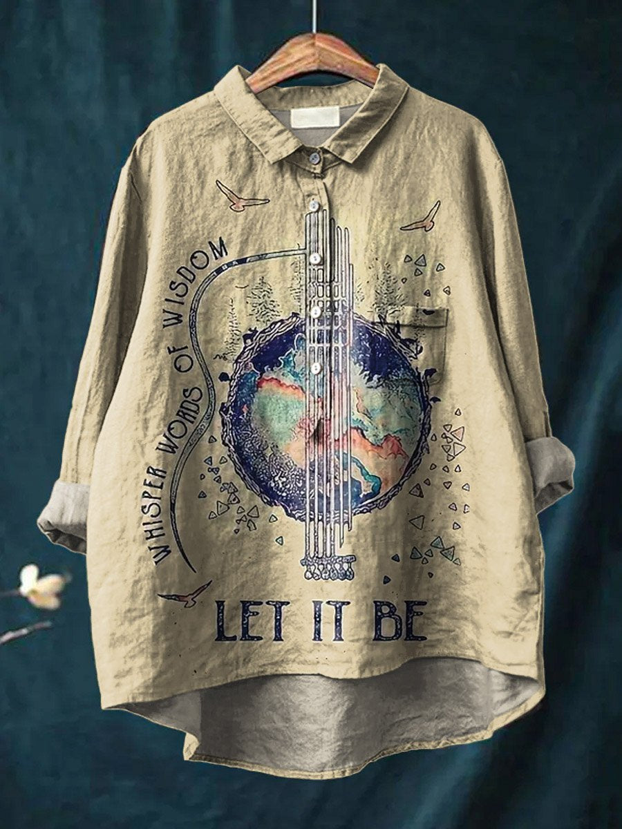 Vintage Whisper Words Of Wisdom Let It Be Art Print Casual Cotton And Linen Shirt