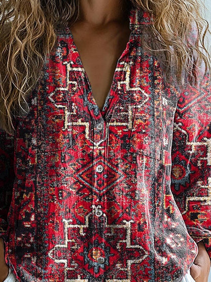 Women's Vintage Ethnic Pattern Art Print Casual Long Sleeve Comfortable Cotton Shirt