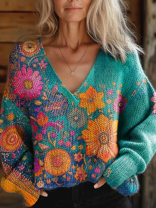 Women's Floral Art Print Casual V Neck Pullover Knit Sweater