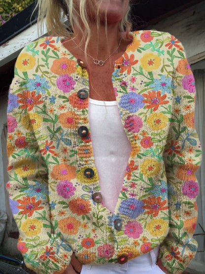 Casual Floral Print Buttoned Cardigan Sweater