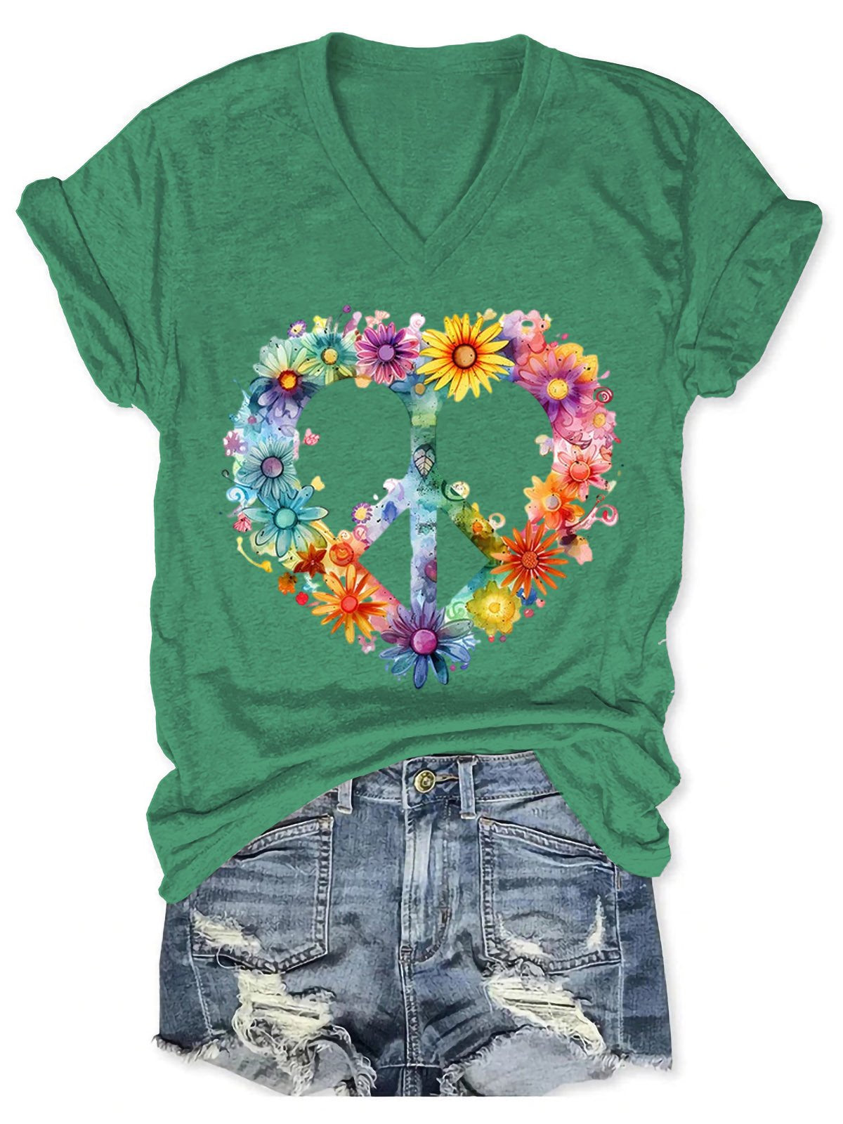 Women's Floral Peace And Love Art Print V-neck Casual T-Shirt