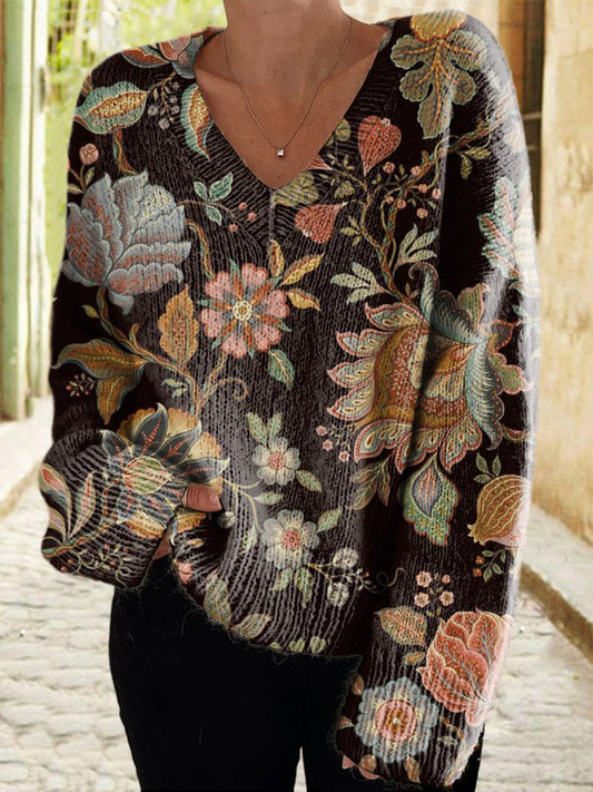 Women's Vintage Floral Art Print Casual V Neck Pullover Sweater