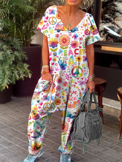 Women's Retro Hippie Florals Peace Pattern Print Casual 100% Cotton Wide Leg Jumpsuit