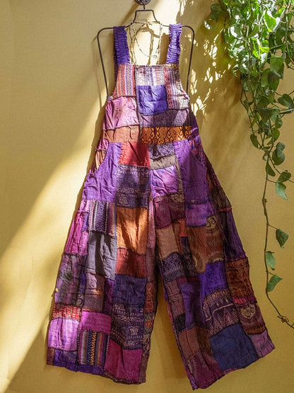 Unisex Hippie Patchwork Wide Leg Cotton Overalls