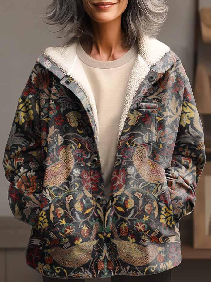 Women's Vintage Folk Floral Art Waffle Plush Thick Long-Sleeved Hooded Coat