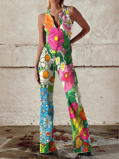 Women's Vintage Flower Art Print Casual Denim Jumpsuit