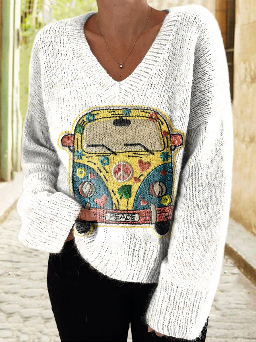 Women's Hippie Car Art Print Casual V Neck Pullover Sweater