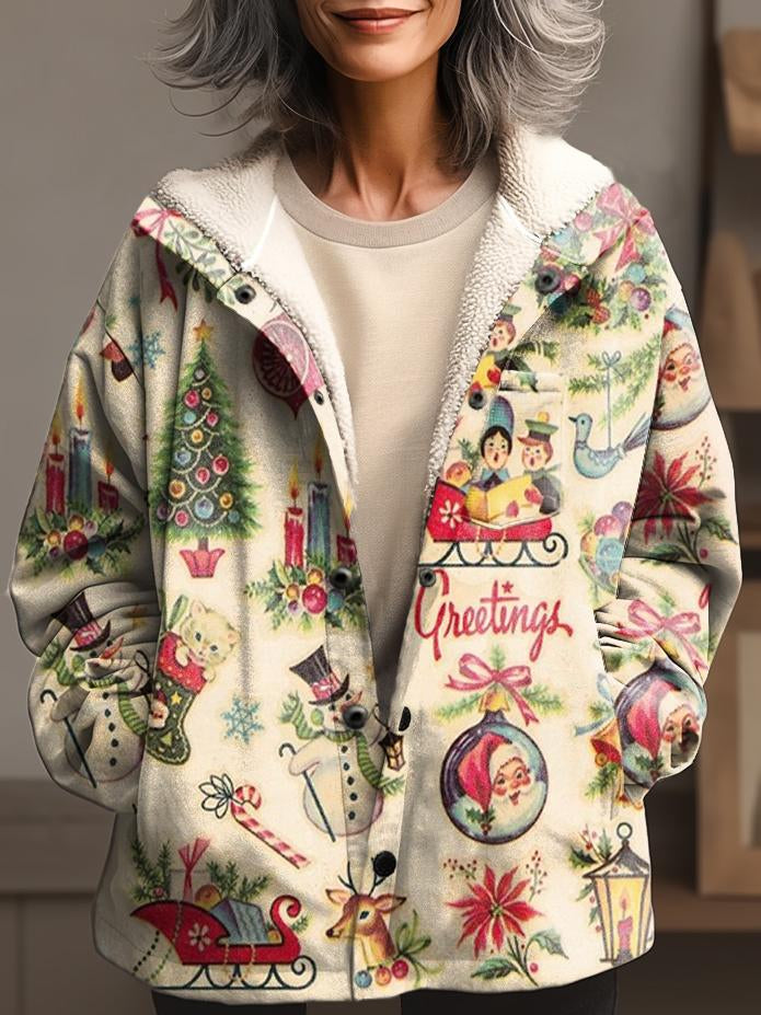 Women's Retro Christmas Print Waffle Plush Thick Long-Sleeved Hooded Coat