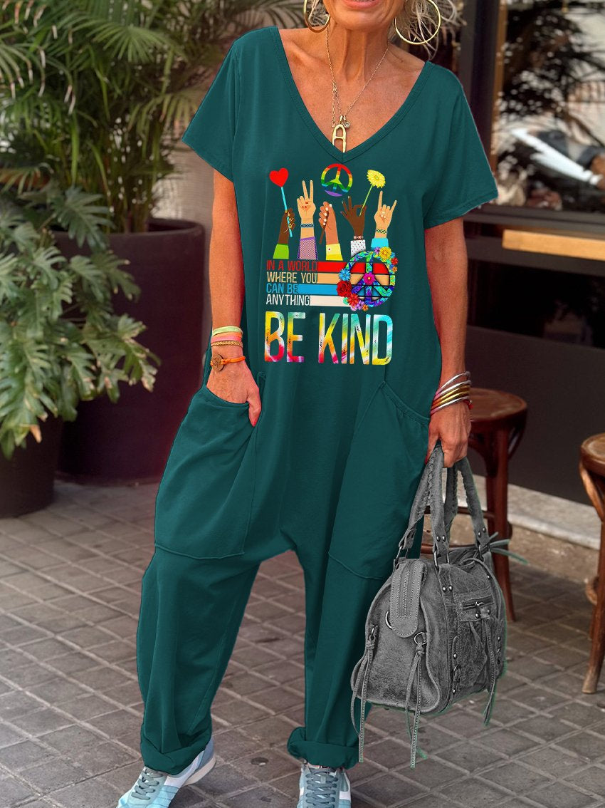 In A World Where You Can Be Anything Be Kind Peace Symbol Hippie Art Print Casual 100% Cotton Wide Leg Jumpsuit