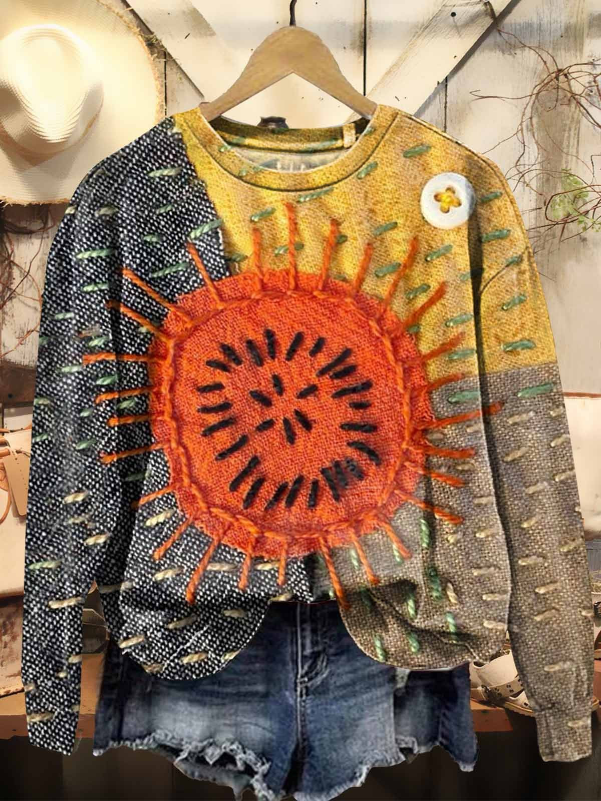 Women's Boho Retro Patchwork Art Print Casual Sweatshirt