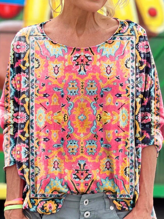 Retro Bohemian Floral Totem Art Print Casual Long Sleeve T-shirt