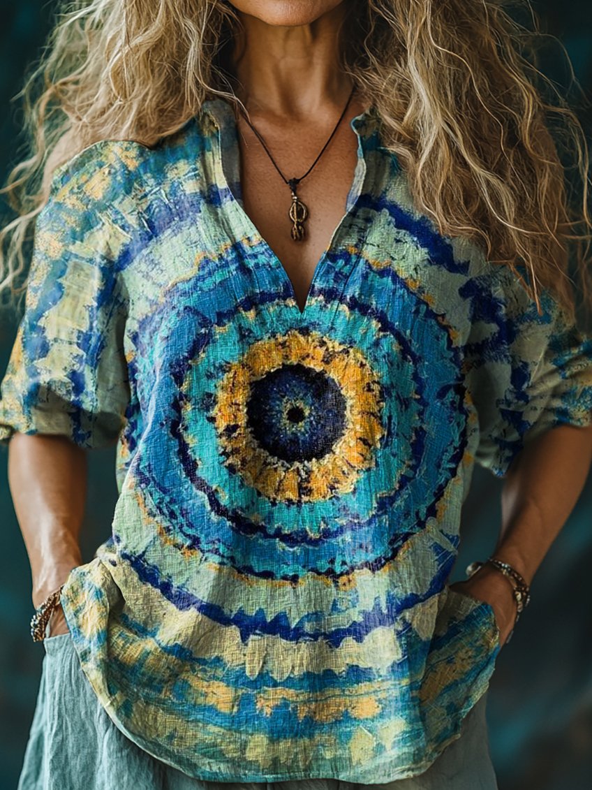 Women's Mandala Art Print Casual Linen V Neck Shirt