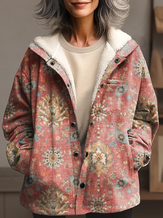 Women's Vintage Folk Floral Art Print Waffle Plush Thick Long-Sleeved Hooded Coat