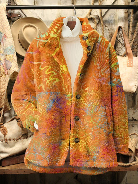 Women's Floral Tie-Dye Casual Sherpa Coat Cardigan