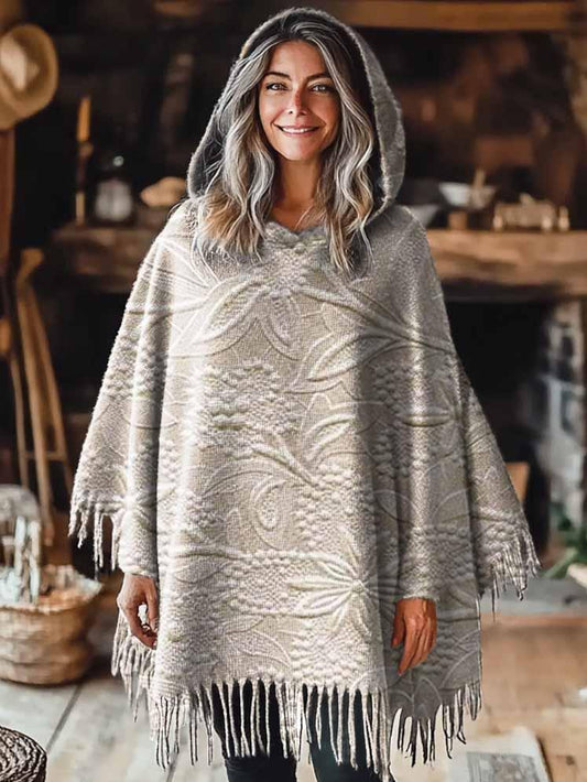 Women's Floral Texture Art Pattern Casual Knitted Blanket Poncho Hood Cape