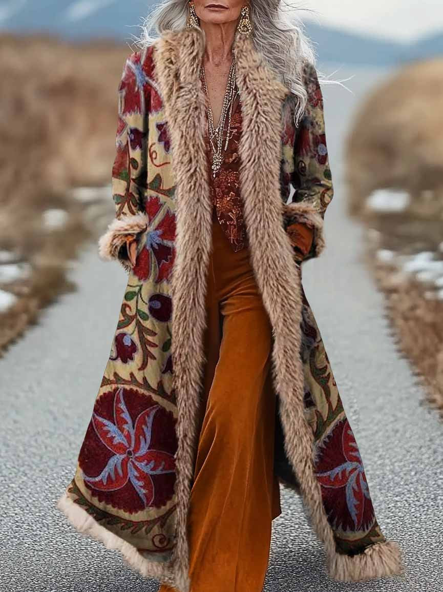 Women's Vintage Ethnic Floral Print Fur Patchwork Suede Long Afghan Coat