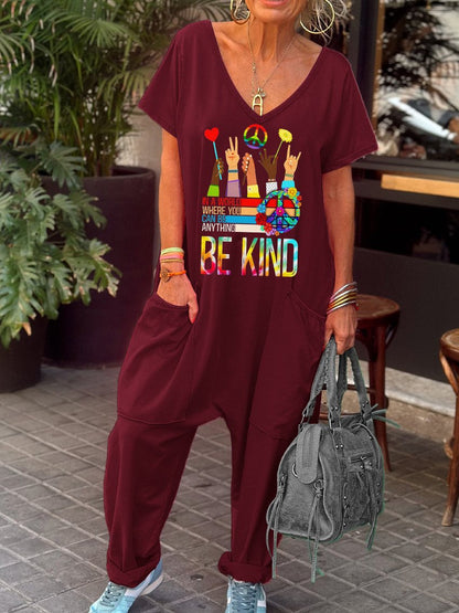 In A World Where You Can Be Anything Be Kind Peace Symbol Hippie Art Print Casual 100% Cotton Wide Leg Jumpsuit