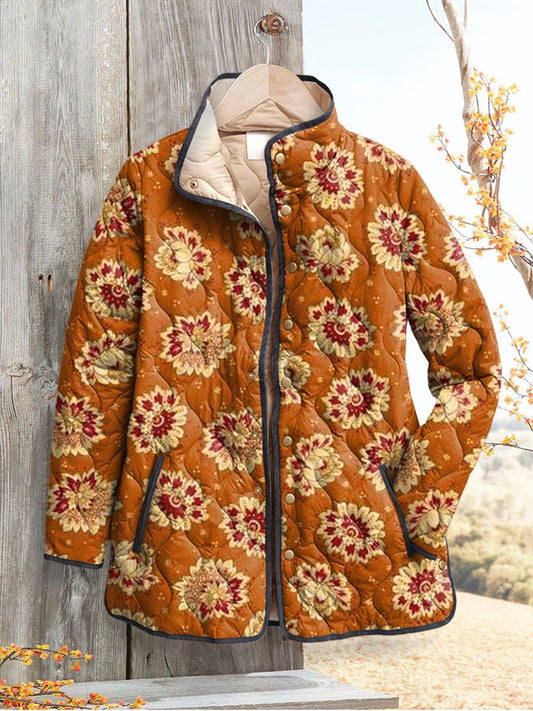 Women's Vintage Floral Art Print Casual Quilted Cardigan