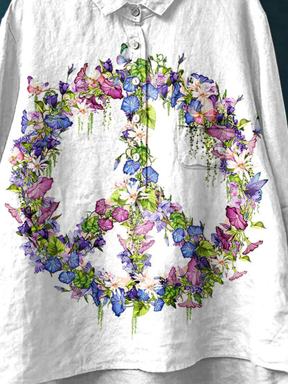 Peace And Love Flower Butterfly Art Pattern Print Casual Cotton And Linen Shirt