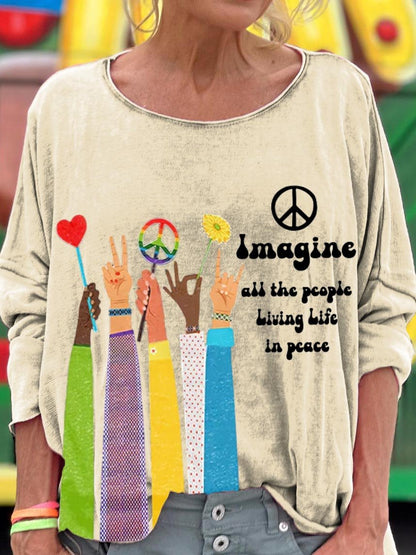 Women's Imagine All The People Living Life In Peace Art Pattern Print T-shirt