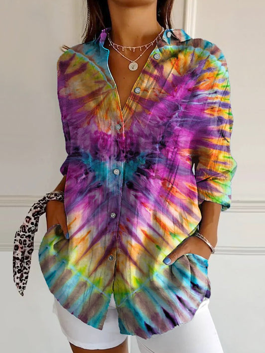 Women's Heart Tie-Dye Print Casual Cotton Shirt