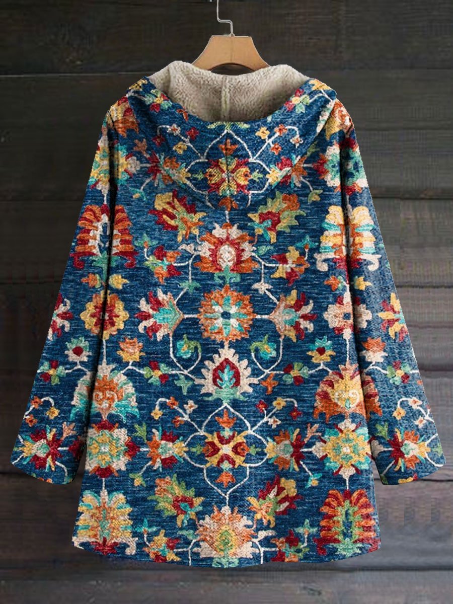 Women's Vintage Art Print Casual Winter Warm Cosy Long Sleeve Fleece Coat